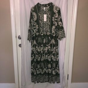 Kaktus XXL HR Tier Maxi Shirt Dress (Duster) in Green/cream 3/4 length Sleeves